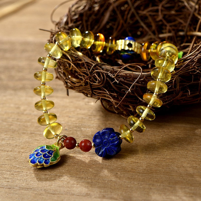 Hand Made Models Natural Amber Beaded Inlaid Cloisonne Bracelet Manufacturers Direct Supply Wholesale