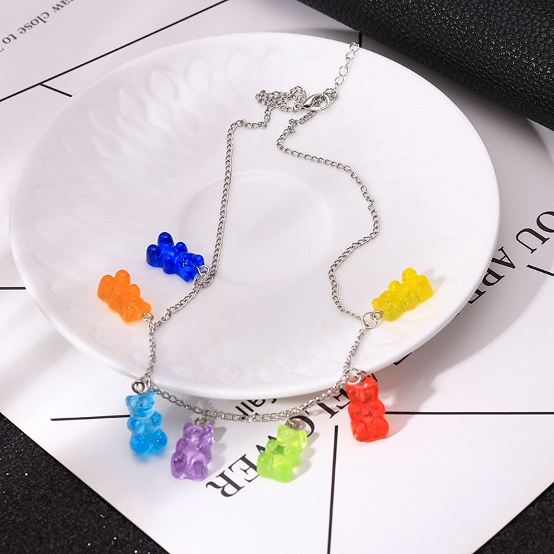 Handmade 12 Colors Cute Judy Cartoon Bear Chain Necklaces, Candy Color Pendant For Women&Girl Daily Jewelry Party Gifts