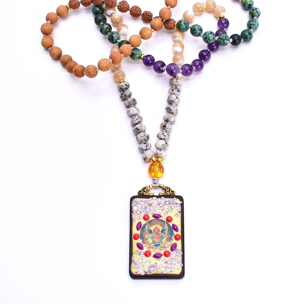 Handmade 8mm Natural Stone Beaded Knotted Japamala Long Necklace for Women 108 Mala Bead Necklace Yoga Meditation Zen Jewelry