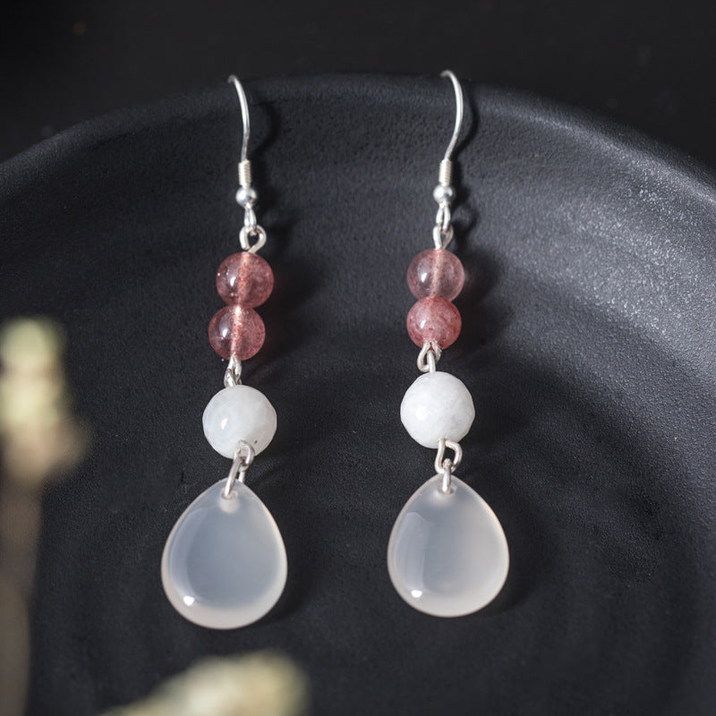 Handmade 925 sterling silver drop earrings original design Strawberry Quartz jade elegant earrings for women charms fine jewelry