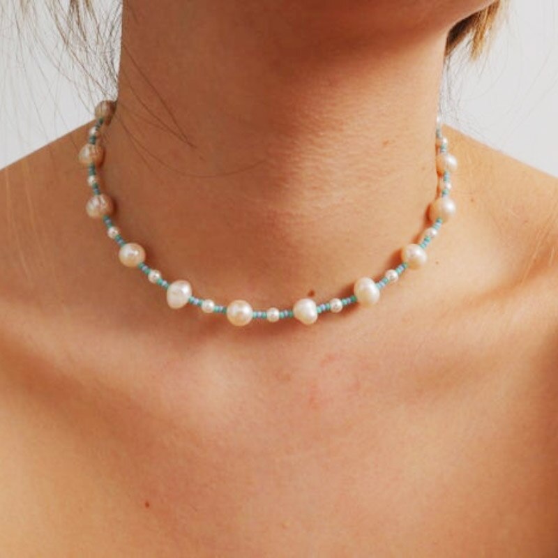 Handmade Baroque Exquisite Natural Freshwater Pearl Necklace Blue Bead Stitching All-match Clothing Accessories Wholesal