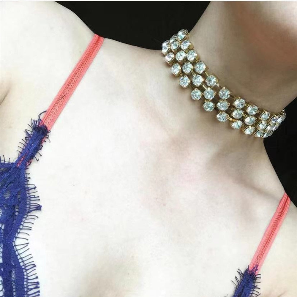 Handmade Big Rhinestone 3 Rows Choker Necklace Wedding Jewelry for Women  Crystal Clavicle Chain Collar Choker Necklace