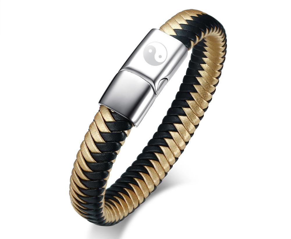 Handmade Braided Black Gold Rope Genuine Leather Nameplates Customized Engraving Wristband Magnetic Clasp Cuff Bracelet for Men