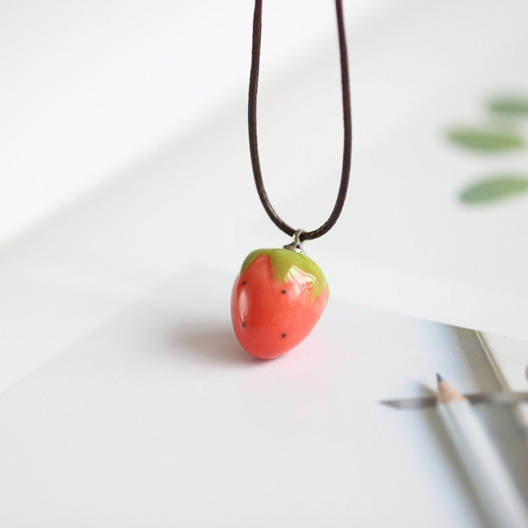 Handmade Ceramic Three-dimensional Strawberry Necklace Pendant Popular Fruit Jewelry #MZ422