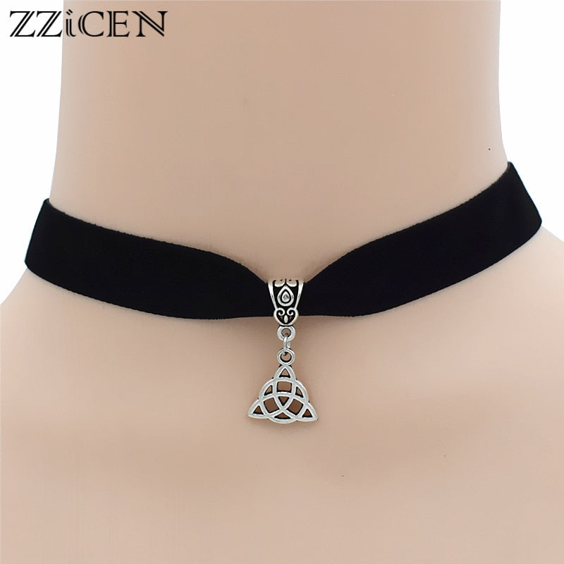 Handmade Chic Gifts Antique Celtics Knot Triquetra Trinity Cross Pendant Black Velvet Choker Necklace Unique Jewelry