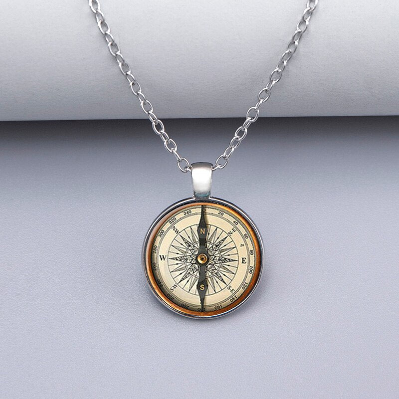 Handmade Compass Picture Glass Dome Cabochon Pendant Necklaces For Men Women Vintage Jewelry Accessories