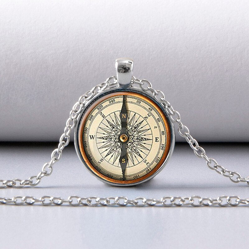 Handmade Compass Picture Glass Dome Cabochon Pendant Necklaces For Men Women Vintage Jewelry Accessories