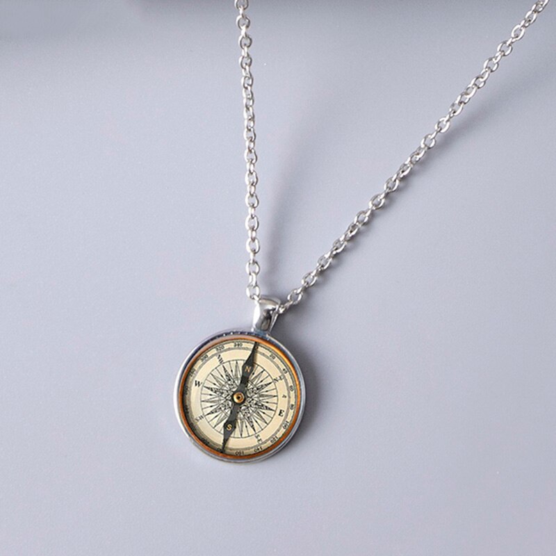 Handmade Compass Picture Glass Dome Cabochon Pendant Necklaces For Men Women Vintage Jewelry Accessories