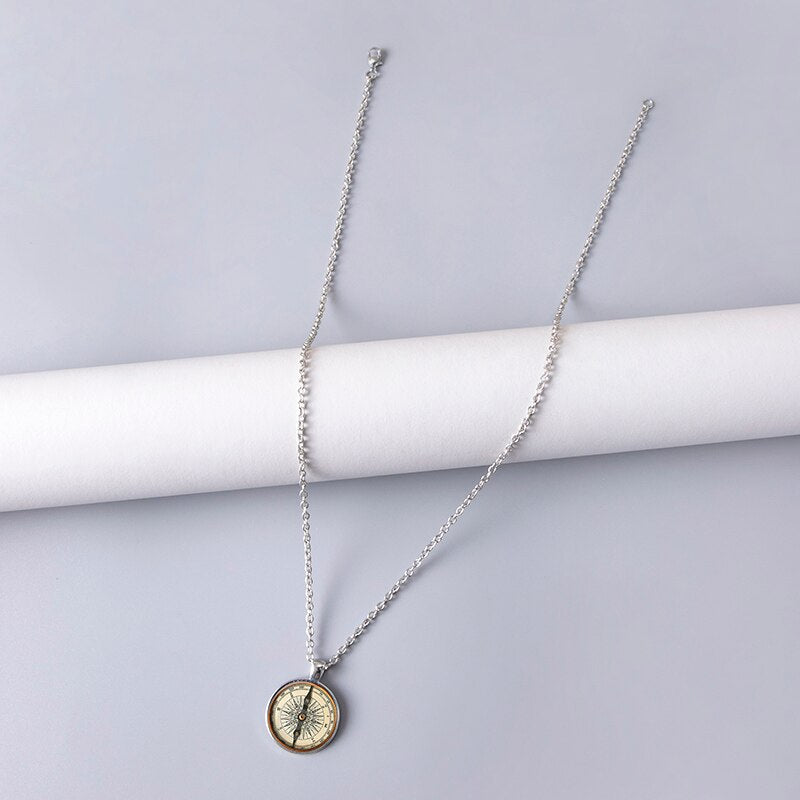 Handmade Compass Picture Glass Dome Cabochon Pendant Necklaces For Men Women Vintage Jewelry Accessories