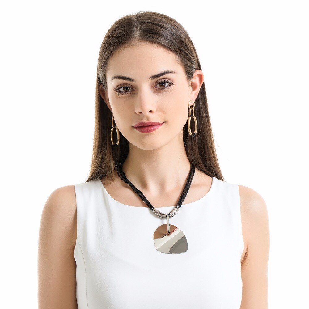 Handmade Copper Geometric Pendant Necklaces Women Black Wax Rope Statement Necklace Kolye Necklaces & pendants