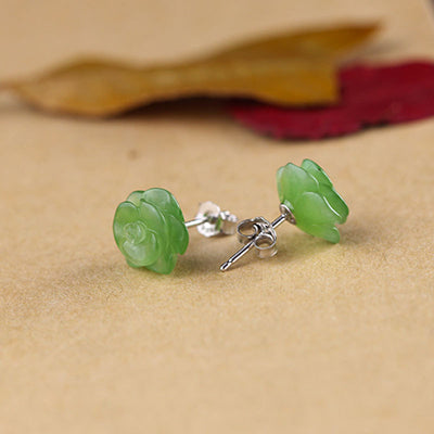 Handmade Flower Natural Jasper Pearl Stud Earrings For Women Simple Carving Green Jade Sterling Silver 925 Jewelry SE136