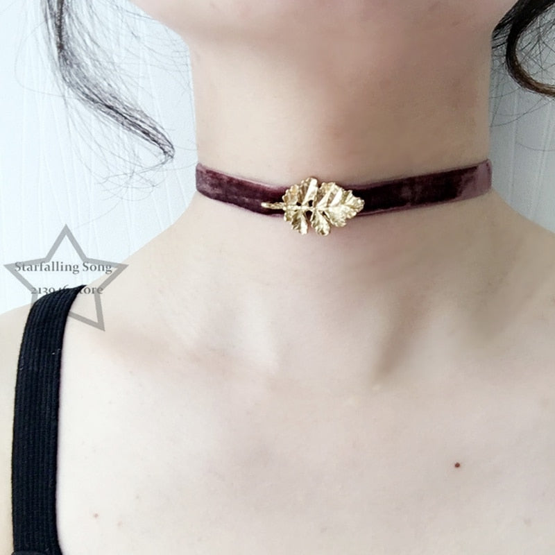 Handmade Gold Leaf Shape Pendant & Brown Velvet Ribbon Rope Jewelry Choker Necklaces