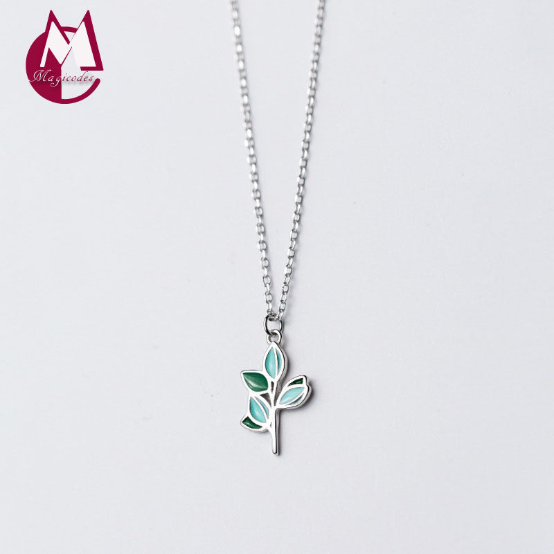 Handmade Green Tree Leaves Necklaces Pendants For Women Fashion Silver 925 Jewelry Gothic Cute Plant Long Vintage Necklace D3564