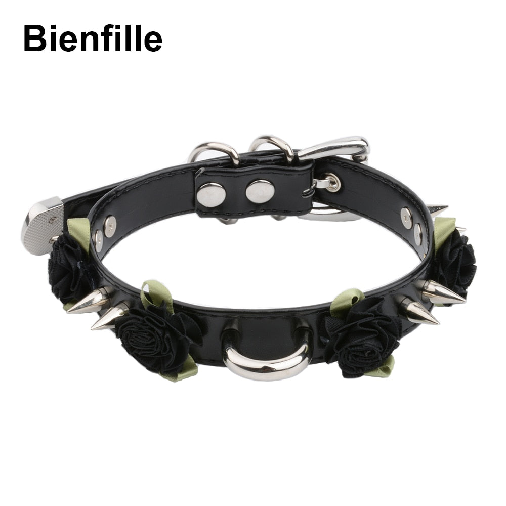 Handmade Harajuku PU Leather Spiked Flower Collar Necklace Kawaii Cosplay Slave Rose Spikes Pastel Gothic Punk Harajuku Choker