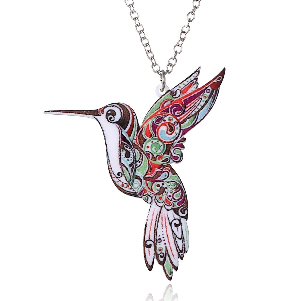Handmade Jewelry Colorful Double Side Acrylic Flying Bird Printing Flower Pendant Necklace For Women Costume Sweater Chain Gift