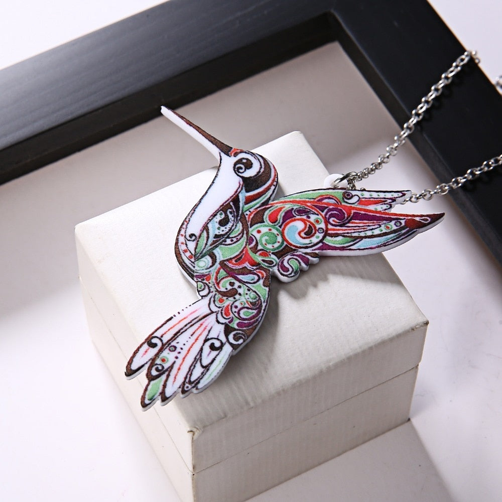Handmade Jewelry Colorful Double Side Acrylic Flying Bird Printing Flower Pendant Necklace For Women Costume Sweater Chain Gift