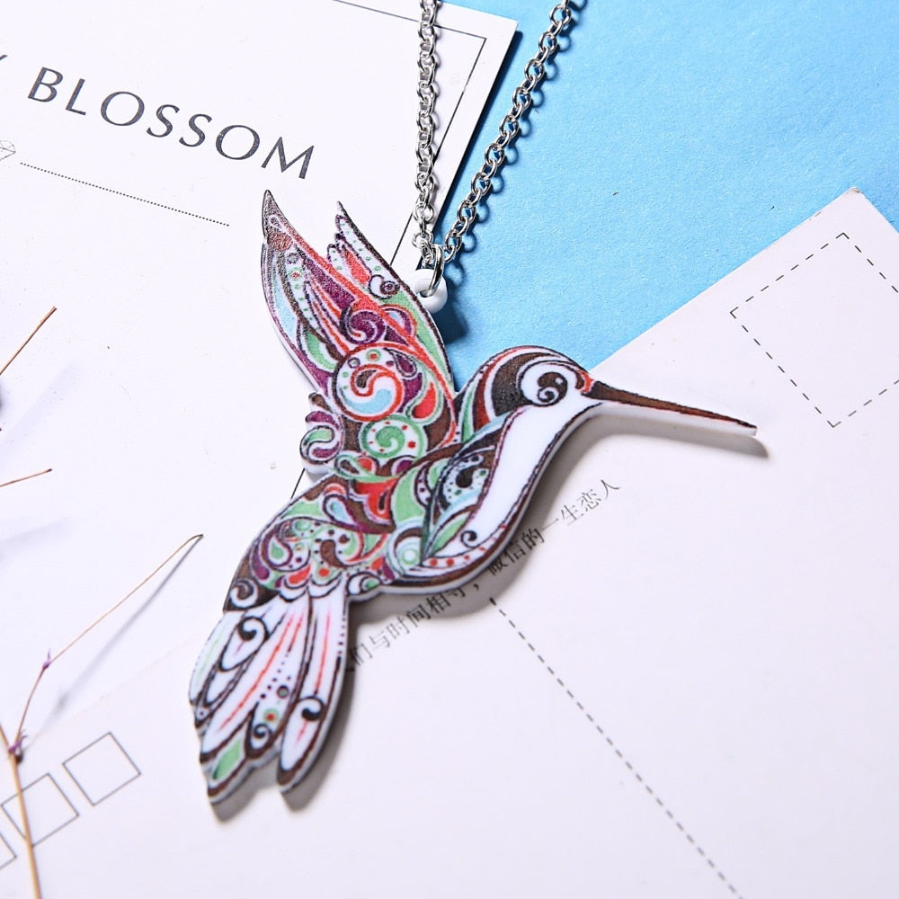 Handmade Jewelry Colorful Double Side Acrylic Flying Bird Printing Flower Pendant Necklace For Women Costume Sweater Chain Gift