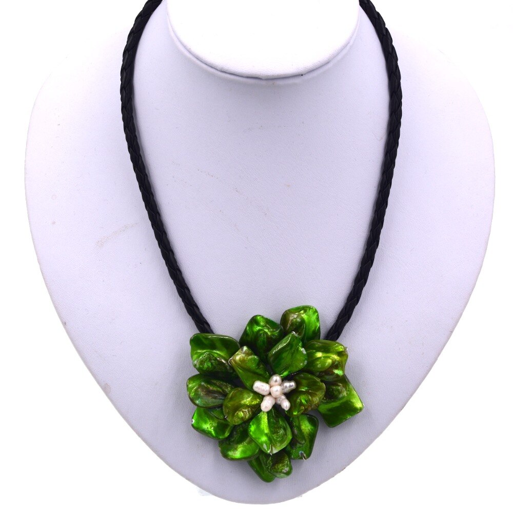 Handmade Jewelry Natural white freshwater pearl green baroque shell flower necklace