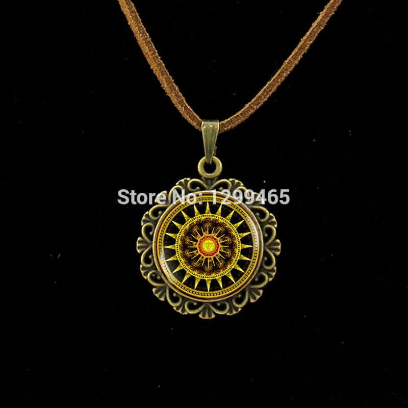 Handmade Kaleidoscope Buddhism Mandala Necklace Art Glass Dome Vintage Neon orange  Mandala boho  Leather Necklace   L 236