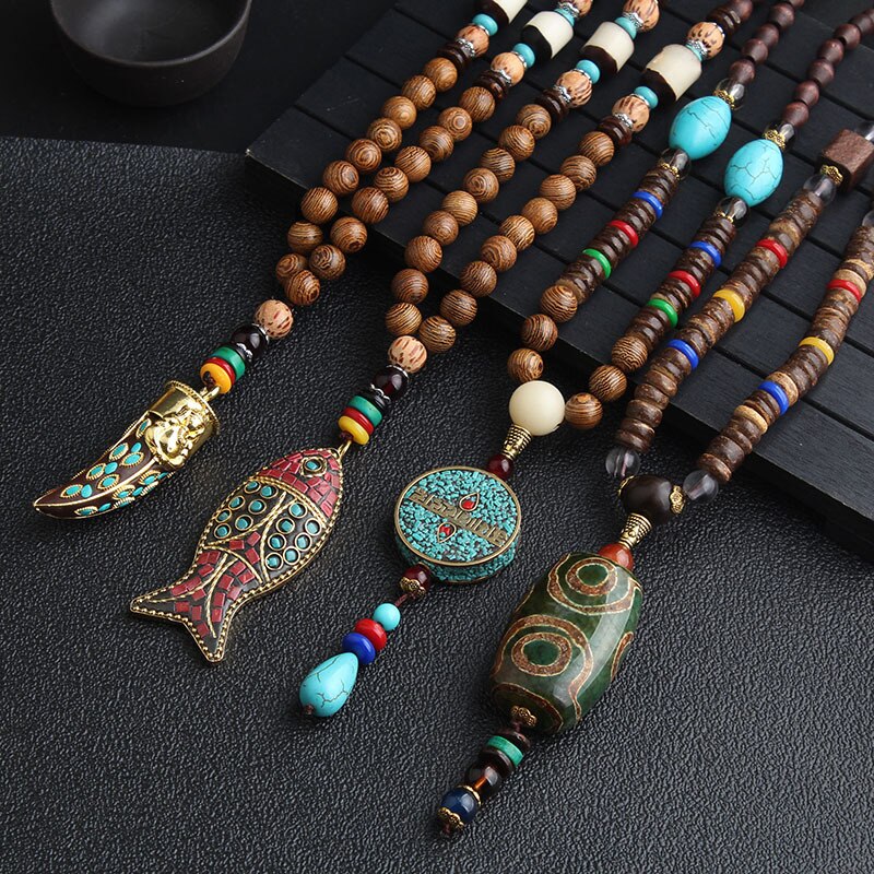Handmade Men Nepal Ethnic Necklace Buddhist Mala Wood Beads Pendant Necklace Women Long Sweater Chain