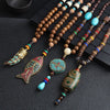 Handmade Men Nepal Ethnic Necklace Buddhist Mala Wood Beads Pendant Necklace Women Long Sweater Chain