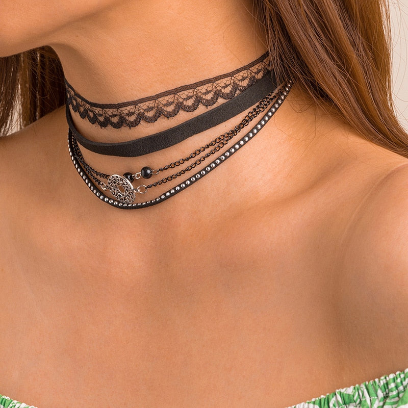 Handmade Multilayer Lace Vintage Choker Necklace For Women Collar Torques Neck Jewelry Black Boho Stretch Charm Gothic Necklaces
