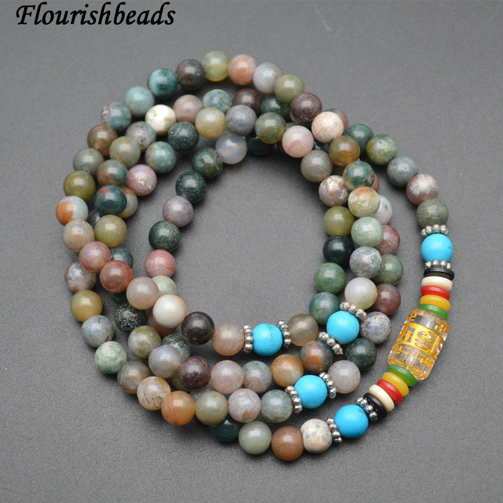 Handmade Natural India Agate Stone Round Beads Multi Rows Stretch Mala Prayer Bracelets Fashion Jewelry