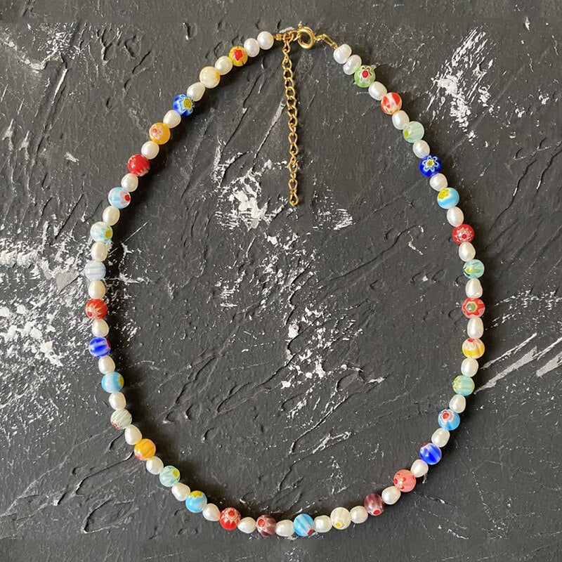 Handmade Natural Pearl Mix And Match Colorful Beaded Florets Ladies Short Necklace Jewelry Accessories Exquisite Gifts