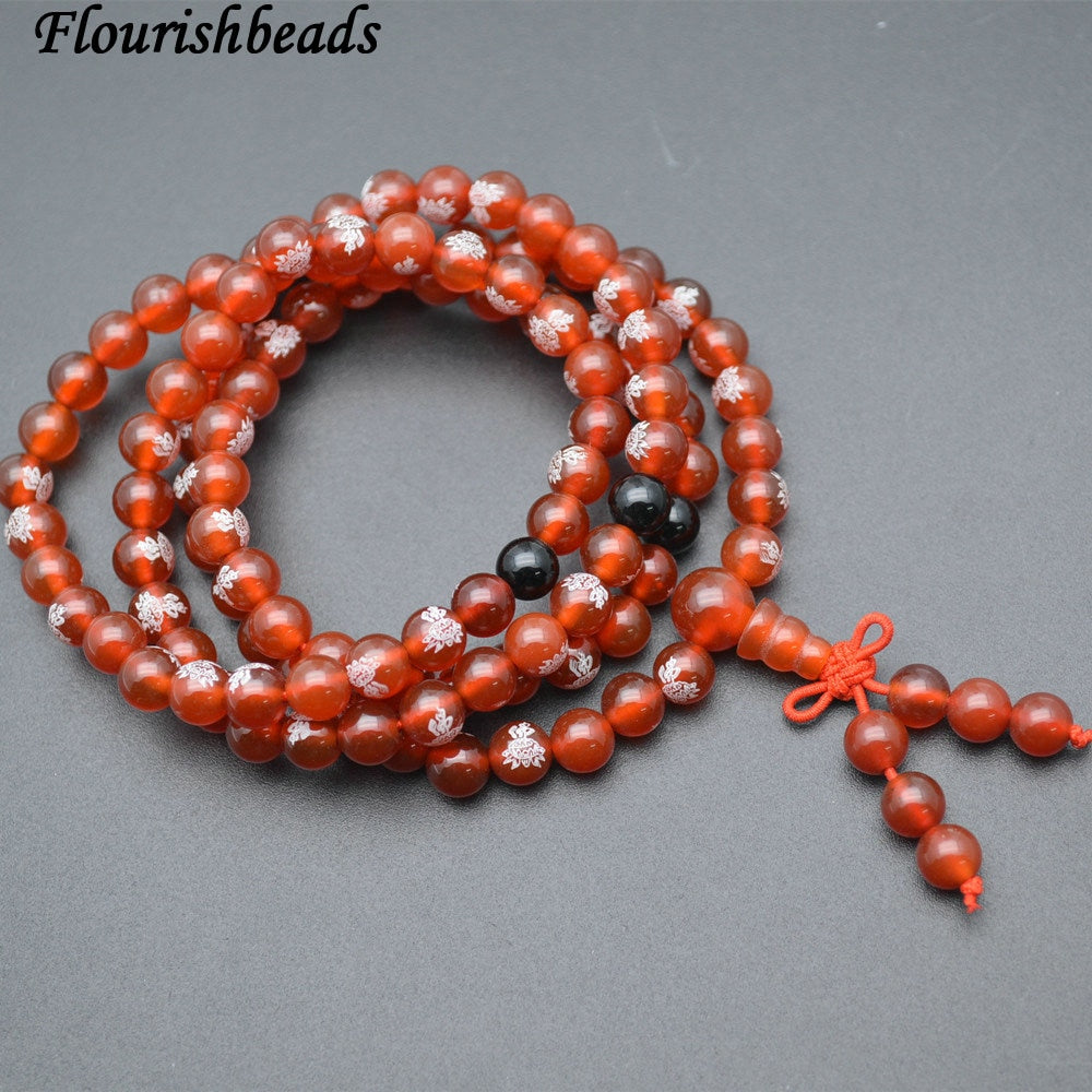 Handmade Natural Red Agate Stone Lotus Round Beads Multi Rows Stretch Mala Prayer Bracelets Fashion Buddhist Jewelry