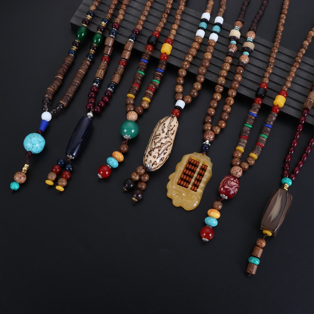 Handmade Nepal Buddhist Mala Wood Beads Pendant Necklace Unisex Boho Hippie Style Ethnic Long Pendant Men Women's Lucky Jewelry