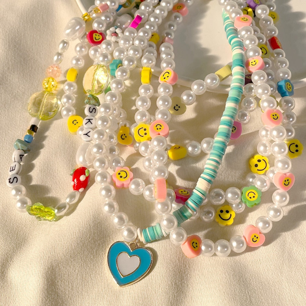 Handmade Pearl Soft Pottery Clay Heart Smiley Beaded Necklaces For Women Candy Color Flowers Smiley Choker Necklace Boho Jewelry