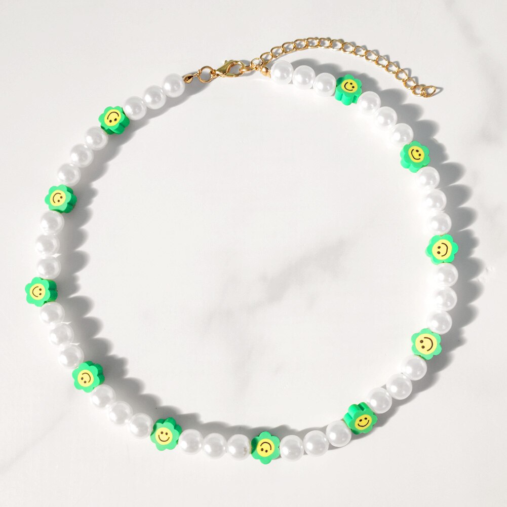 Handmade Pearl Soft Pottery Clay Heart Smiley Beaded Necklaces For Women Candy Color Flowers Smiley Choker Necklace Boho Jewelry