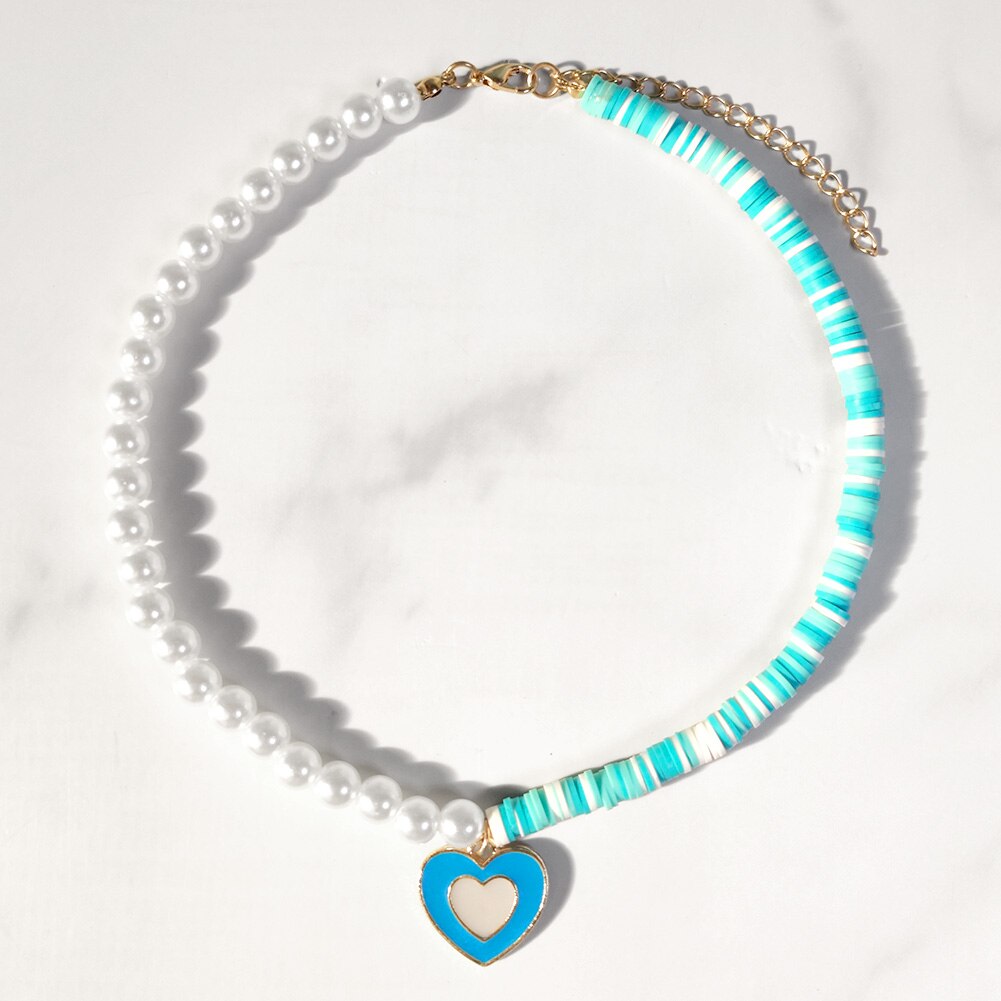 Handmade Pearl Soft Pottery Clay Heart Smiley Beaded Necklaces For Women Candy Color Flowers Smiley Choker Necklace Boho Jewelry