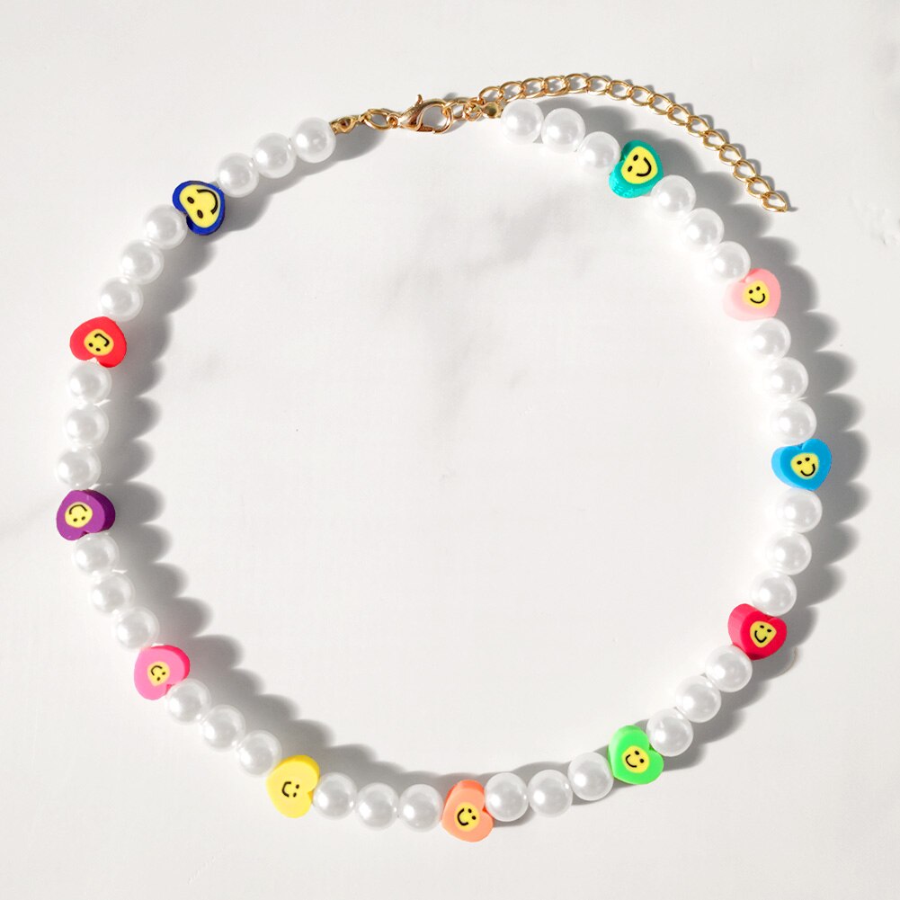 Handmade Pearl Soft Pottery Clay Heart Smiley Beaded Necklaces For Women Candy Color Flowers Smiley Choker Necklace Boho Jewelry