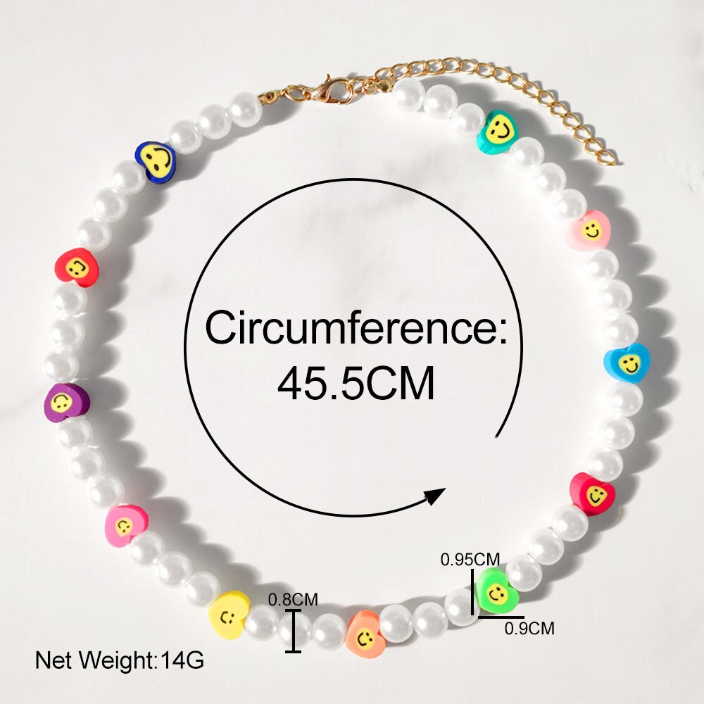 Handmade Pearl Soft Pottery Clay Heart Smiley Beaded Necklaces For Women Candy Color Flowers Smiley Choker Necklace Boho Jewelry