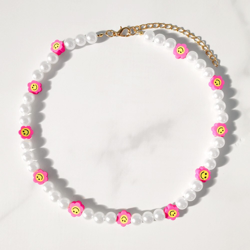 Handmade Pearl Soft Pottery Clay Heart Smiley Beaded Necklaces For Women Candy Color Flowers Smiley Choker Necklace Boho Jewelry