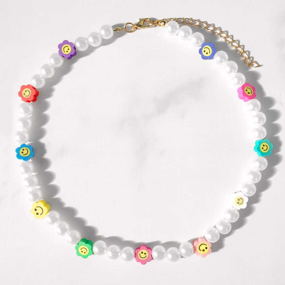 Handmade Pearl Soft Pottery Clay Heart Smiley Beaded Necklaces For Women Candy Color Flowers Smiley Choker Necklace Boho Jewelry