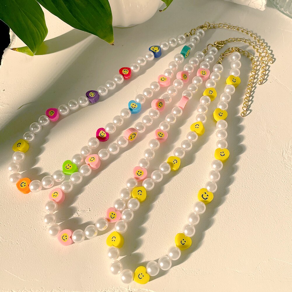 Handmade Pearl Soft Pottery Clay Heart Smiley Beaded Necklaces For Women Candy Color Flowers Smiley Choker Necklace Boho Jewelry