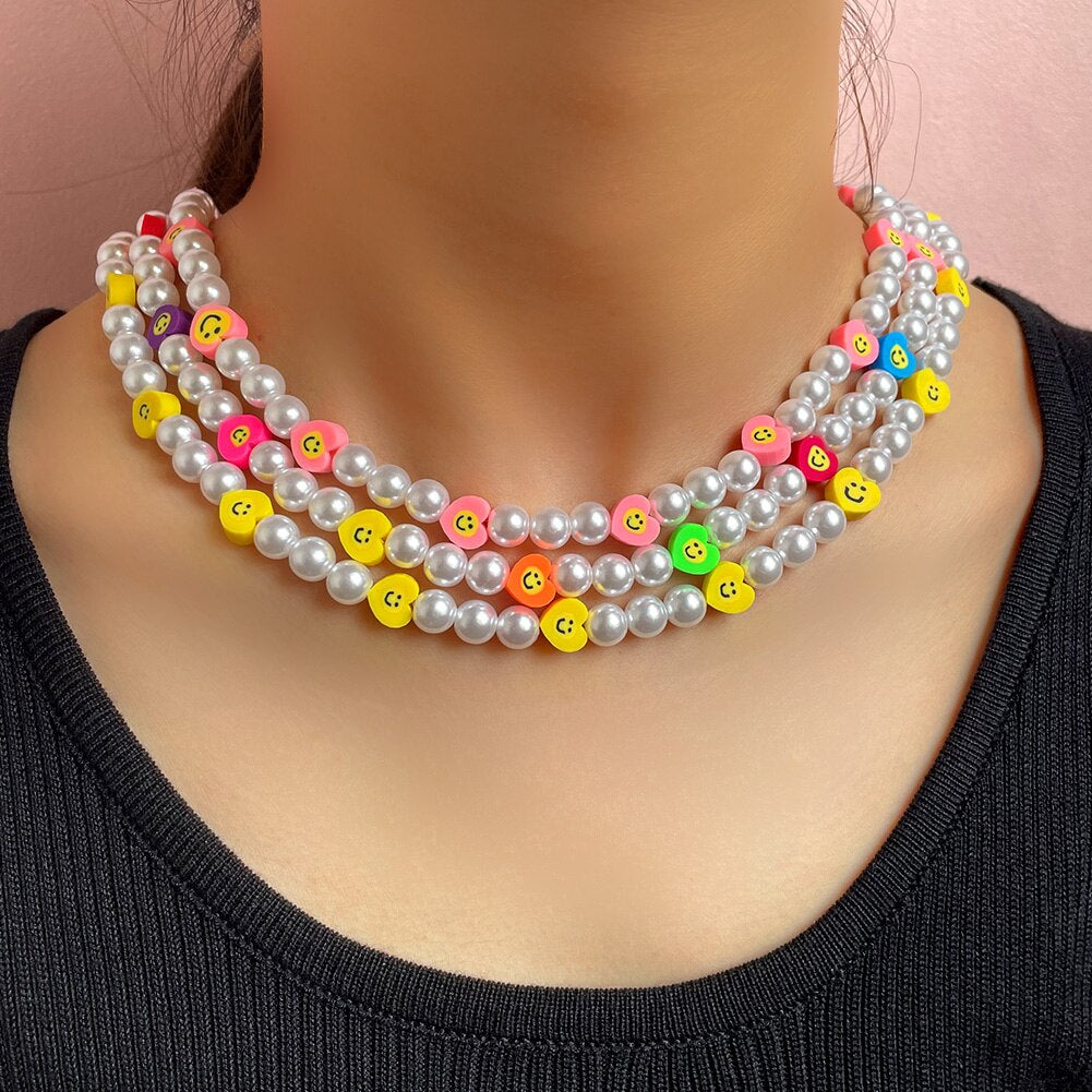Handmade Pearl Soft Pottery Clay Heart Smiley Beaded Necklaces For Women Candy Color Flowers Smiley Choker Necklace Boho Jewelry