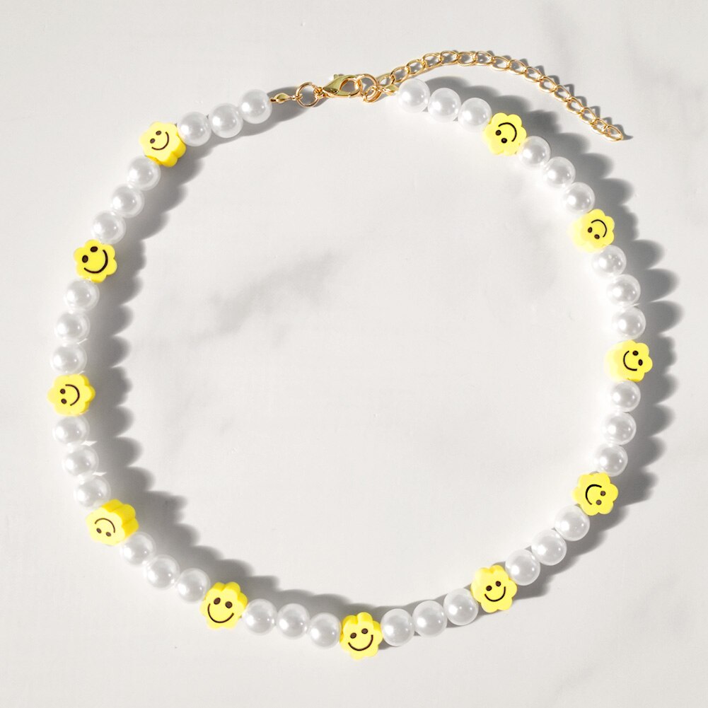 Handmade Pearl Soft Pottery Clay Heart Smiley Beaded Necklaces For Women Candy Color Flowers Smiley Choker Necklace Boho Jewelry