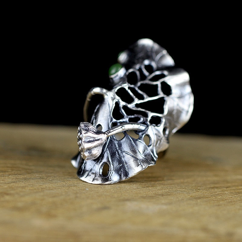 Handmade Retro Elegance Green Jasper Ring For Women Real Vintage Lotus Leaf Ring Adjustable Fine Jewelry