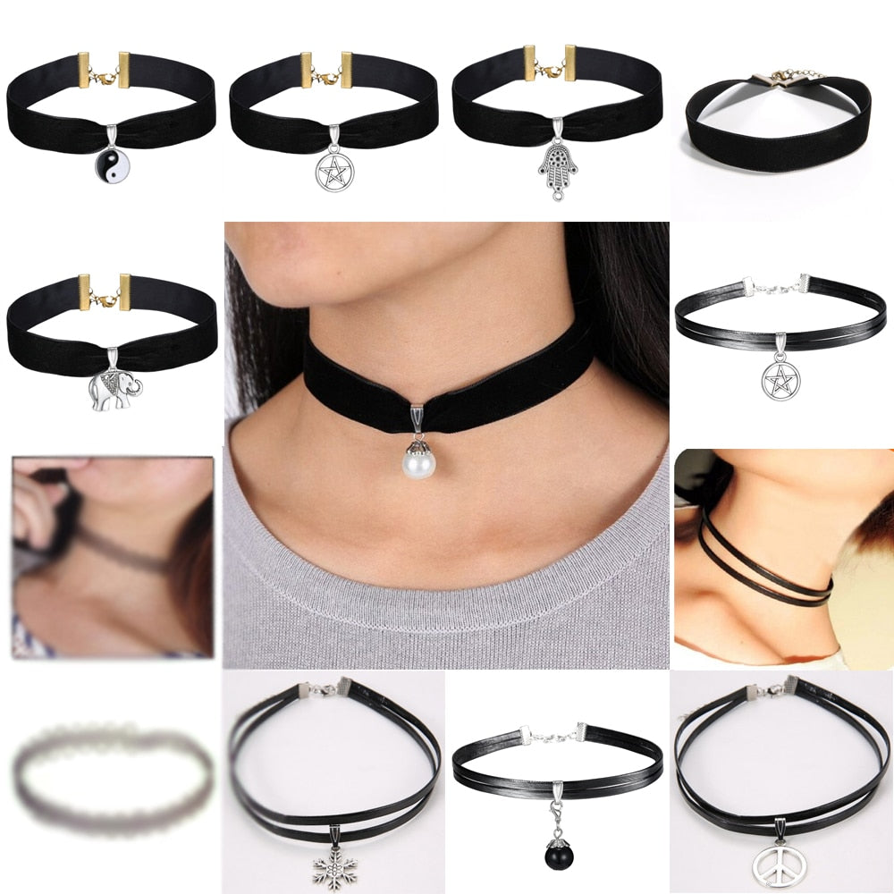 Handmade Velvet Lace Vintage Choker Necklace For Women Collar Torques Neck Jewelry Black Boho Stretch Yin Yang Charm Gothic Punk
