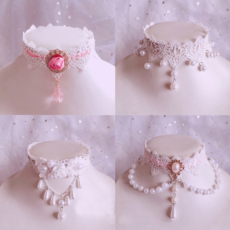 Handmade lace Lolita Princess Pearl necklace vintage sweet cute lace choker necklaces for women Knitted pendant necklace
