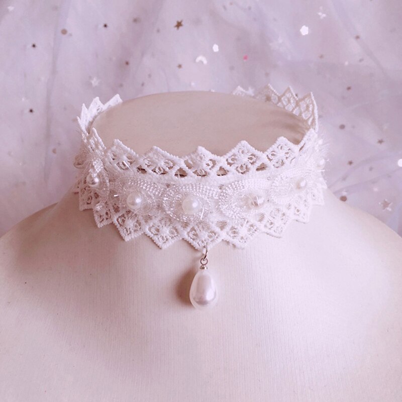 Handmade lace Lolita Princess Pearl necklace vintage sweet cute lace choker necklaces for women Knitted pendant necklace
