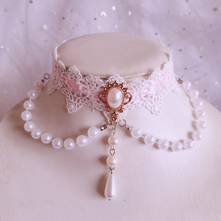Handmade lace Lolita Princess Pearl necklace vintage sweet cute lace choker necklaces for women Knitted pendant necklace