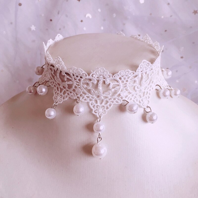 Handmade lace Lolita Princess Pearl necklace vintage sweet cute lace choker necklaces for women Knitted pendant necklace