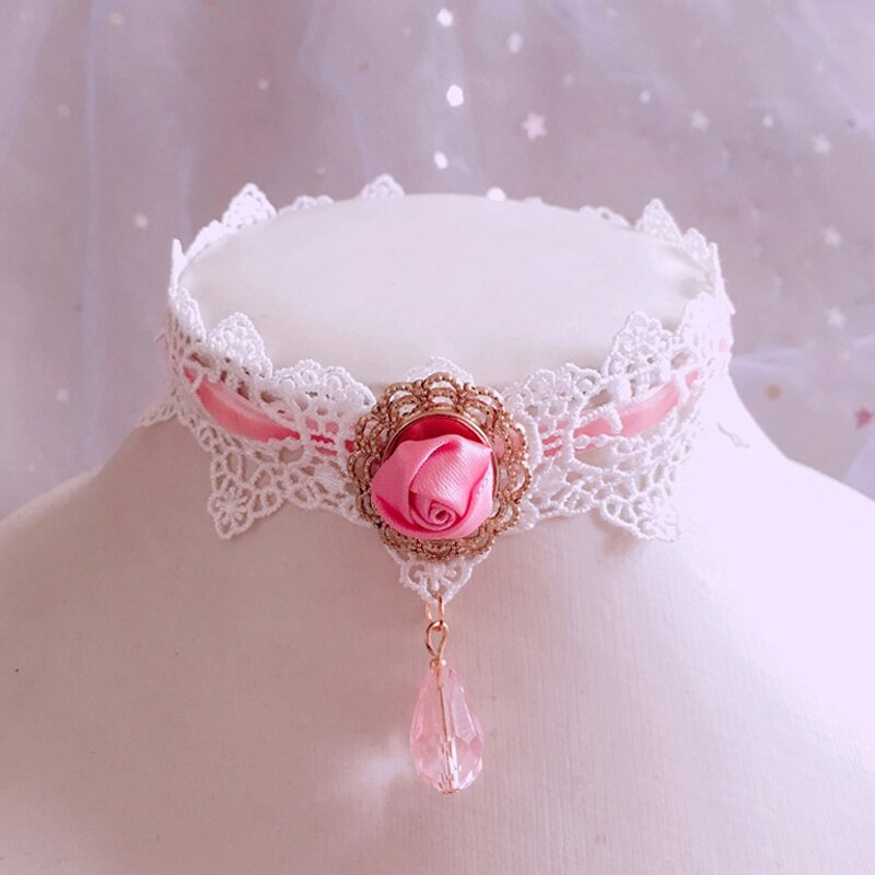Handmade lace Lolita Princess Pearl necklace vintage sweet cute lace choker necklaces for women Knitted pendant necklace