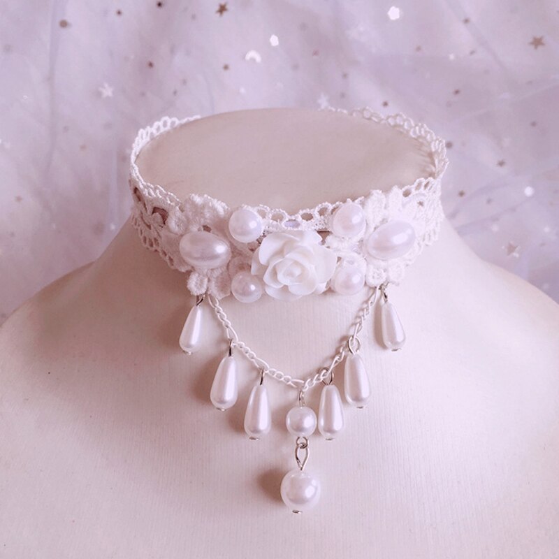 Handmade lace Lolita Princess Pearl necklace vintage sweet cute lace choker necklaces for women Knitted pendant necklace