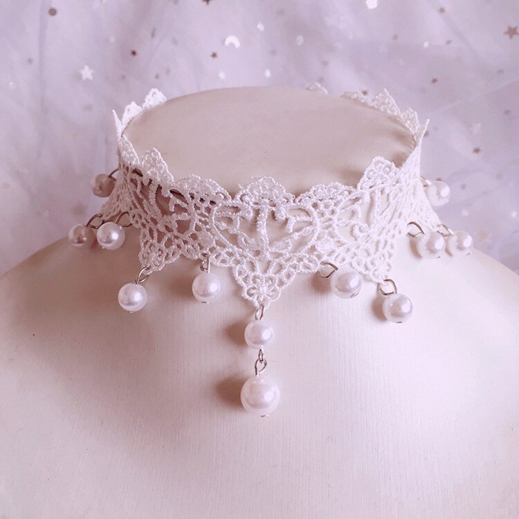 Handmade lace Lolita Princess Pearl necklace vintage sweet cute lace choker necklaces for women Knitted pendant necklace