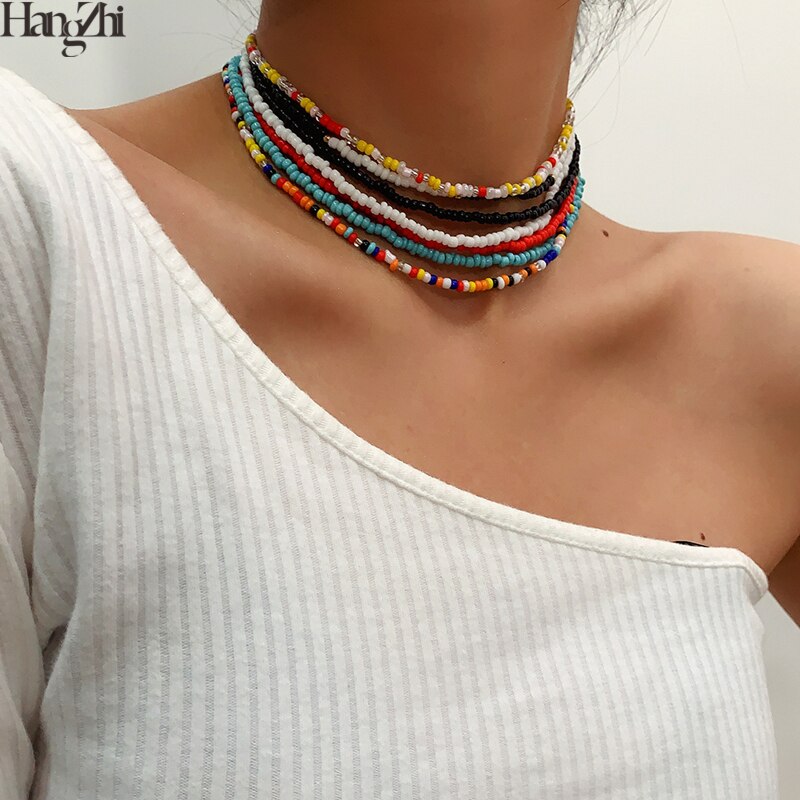 HangZhi 2022 7pcs/set Boho Colorful Resin Seeds Beads Necklaces Clavicle Choker Collars for Women Party Jewelry Fashion
